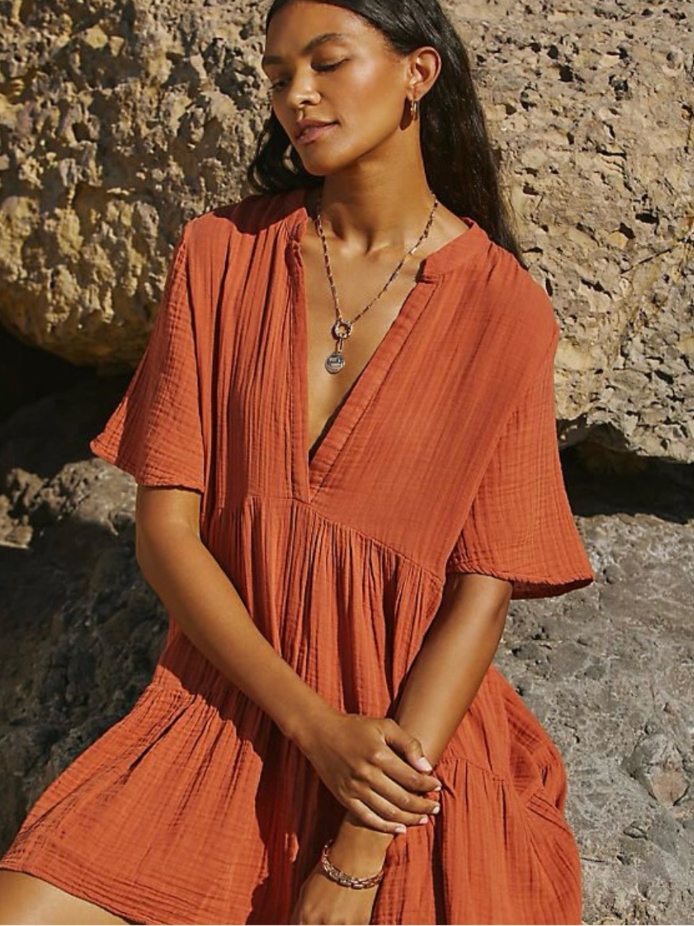Anthropologie Rust Orange Kallie V-Neck Mini Tunic Dress Sz M